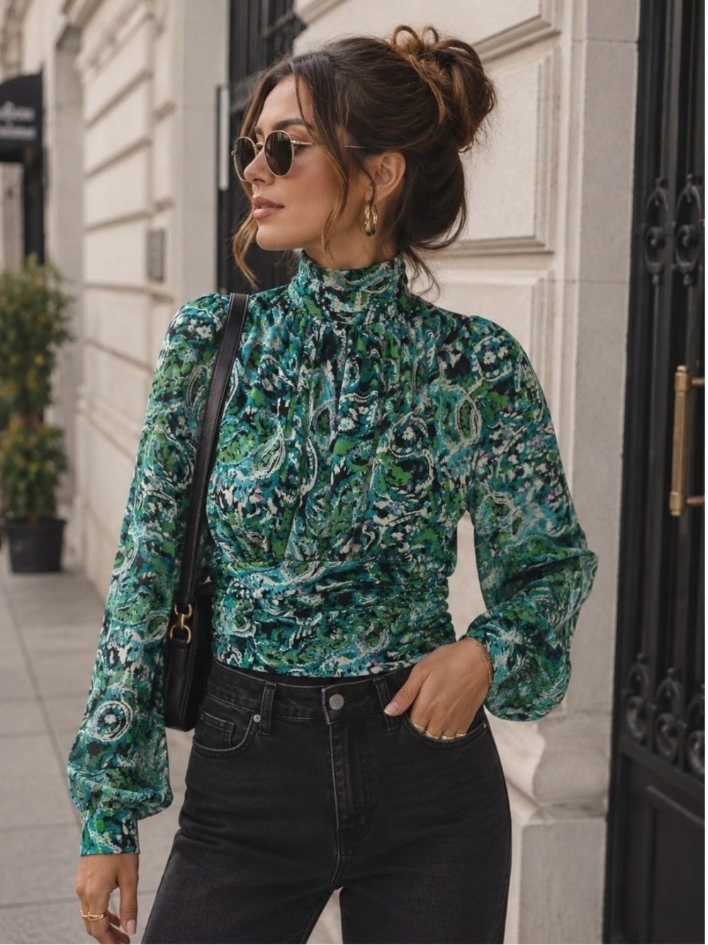 Zara NWT Paisley Print Tie-Neck Keyhole Blouse Long Sleeve Green Blue NWT